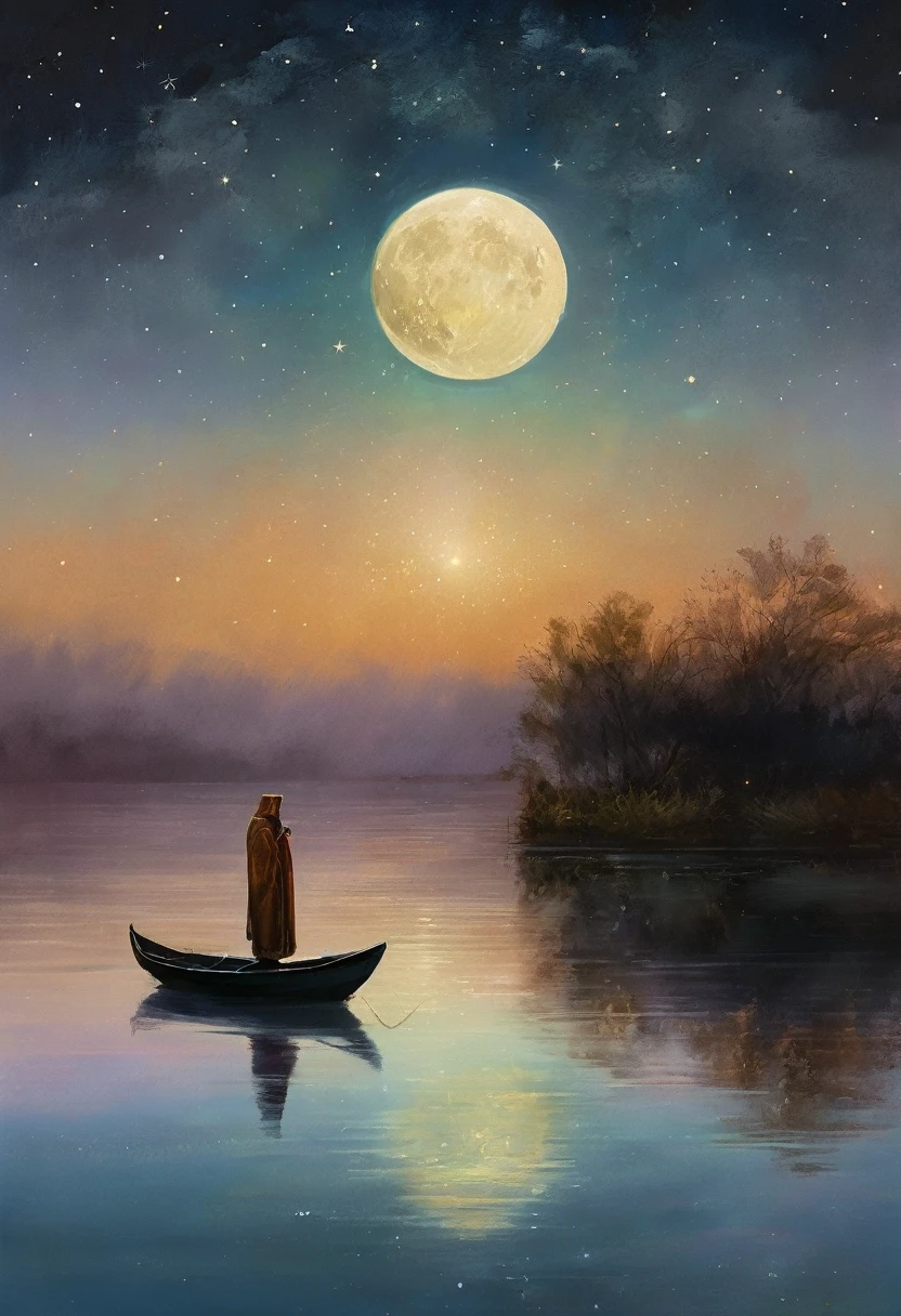 The moon casts a soft glow over the expansive lake, its surface like a mirror reflecting the starry night sky. In the distance, a boat drifts peacefully, its occupant a solitary figure wrapped in a long cloak. The only sound is the gentle lapping of the water against the boat, and the flickering light of a lamp held in the figure's hand.