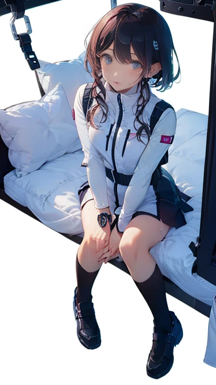 (Highest quality), (masterpiece), 1080P, High resolution, 4K, 8k, Thigh straps, Shooting from directly below, The woman on top of me, Nipples, 白いSweat, Covered , Sweat, Woman looking down, Micro Bikini, Skirt swimsuit, Thigh-high socks, To achieve this, , Small breasts, whole body, Black leather shoes, Braided hair, Inner Color, Embarrassed face, Short black hair, bracelet, Bedroom,celestial body_Vest