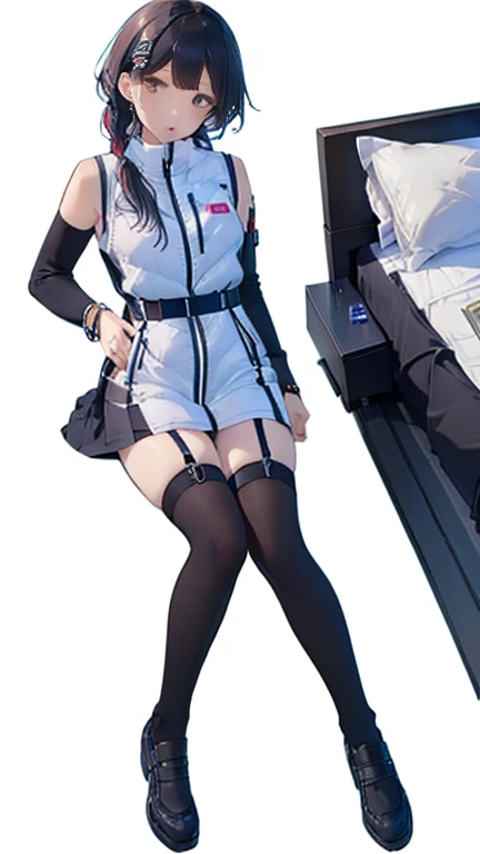 (Highest quality), (masterpiece), 1080P, High resolution, 4K, 8k, Thigh straps, Shooting from directly below, The woman on top of me, Nipples, 白いSweat, Covered , Sweat, Woman looking down, Micro Bikini, Skirt swimsuit, Thigh-high socks, To achieve this, , Small breasts, whole body, Black leather shoes, Braided hair, Inner Color, Embarrassed face, Short black hair, bracelet, Bedroom,celestial body_Vest