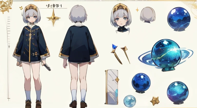  anime style, librarian white short hair, ce blue white gold, crystal, (character sheet), high quality, masterpiece, (full body view), cozy clothes galaxy inspired