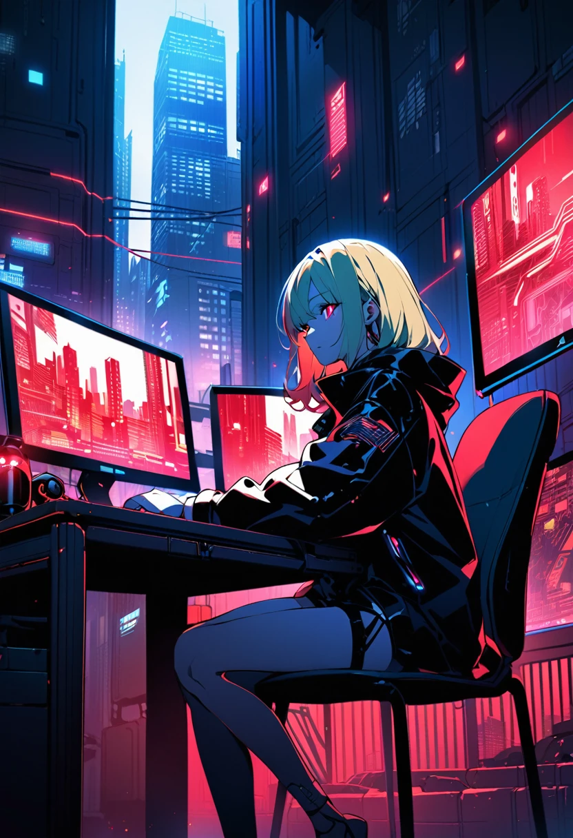 Cyberpunk anime illustration: Woman with medium-length blonde hair in a dimly lit room. She wears a black leather jacket, has visible tattoos, and smokes a cigarette. Sitting at a desk with multiple screens, one foot propped on the chair. Large windows show a neon-lit Japanese cityscape. Red paper lanterns with kanji hang nearby. Strong contrast between blue computer glow and red lantern light. Background: power lines, skyscrapers, and traditional buildings. Moody, futuristic Japanese aesthetic blending traditional and high-tech elements.