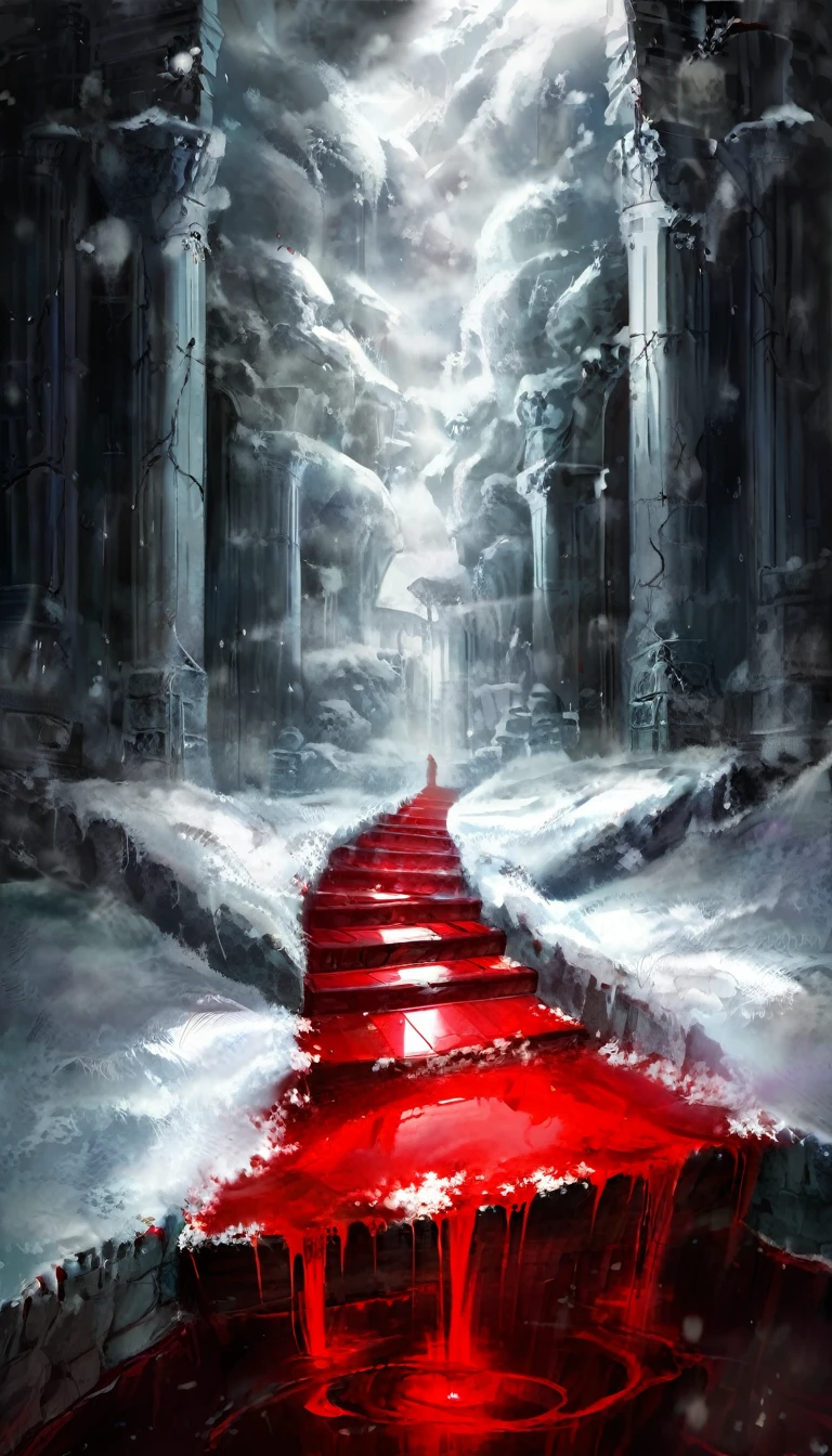 Outdoor stone stairway covered in a thin layer of snow, leading up to the top of a hill. At the top, large pristine white walls stand tall, hinting at a hidden city behind them. Blood flows and drips down the stairs, reflecting the grey, cloudy sky and falling snow. The stone stairs are rough and aged, with cracks and uneven surfaces partially obscured by delicate snow. The snow is soft and fluffy, varying from bright white to light grey where shadows fall, giving it a natural, undisturbed look. The grey cloudy sky above casts a somber, muted light over the scene, creating a cold and gloomy atmosphere. The blood appears deep and rich, with shades ranging from dark crimson to bright red, flowing realistically over the stone steps. It pools in the crevices and creates small rivulets, adding a shocking and intense contrast to the serene winter landscape. The blood has a glossy, wet texture, reflecting the dim light from the sky and the stark whiteness of the snow. The lighting is diffuse and soft, emanating from the overcast sky, casting gentle ambient light across the scene. This creates soft shadows on the stone steps and walls, using light greys to indicate depth and contours, enhancing the aged appearance of the stone. The reflections in the blood capture the muted light from the sky and the stark whiteness of the snow, adding to the surreal and haunting quality of the image. In the foreground, the stone stairway begins at the bottom of the image, leading the viewer’s eye upward through the scene. The flowing blood is the central focus in the midground, winding its way down the steps and creating a vivid, disturbing contrast. In the background, the large pristine white walls at the top of the hill stand tall and imposing, hinting at the hidden city beyond them and adding an element of mystery. The high contrast between the bright white snow, dark rough stone, and vivid red blood creates a visually striking and memorable scene.