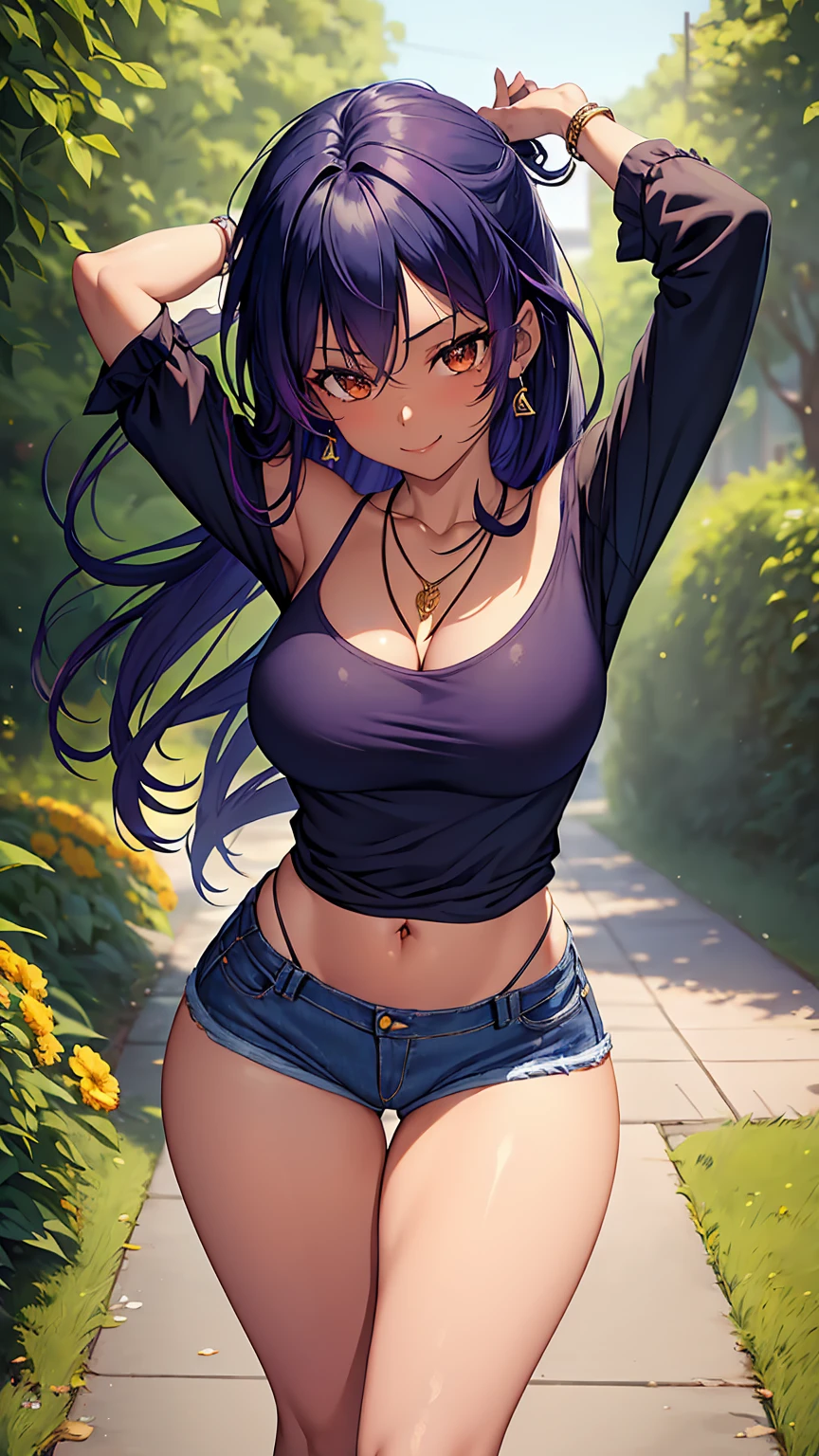 1girl, anime girl, anime, (dark skin), stylish girl, bracelet, necklace, earrings, 2d girl, 18y, (fullbody), standing, anime girl, seductive smile, (purple hair), flowing hair, hair flowing in the wind, ((darkblue blouse)), Solo, Slim, Big Breasts, Tight Shorts, low waist shorts, upshorts, outdoors, night background, flowers, looking at viewer, darker shadows, (((Wedgie))), (((explicit))), (((denim shorts))), (((absurdres))), (((thigh gap))), (((cameltoe))), (((cleft of venus))), (((lowleg shorts))),