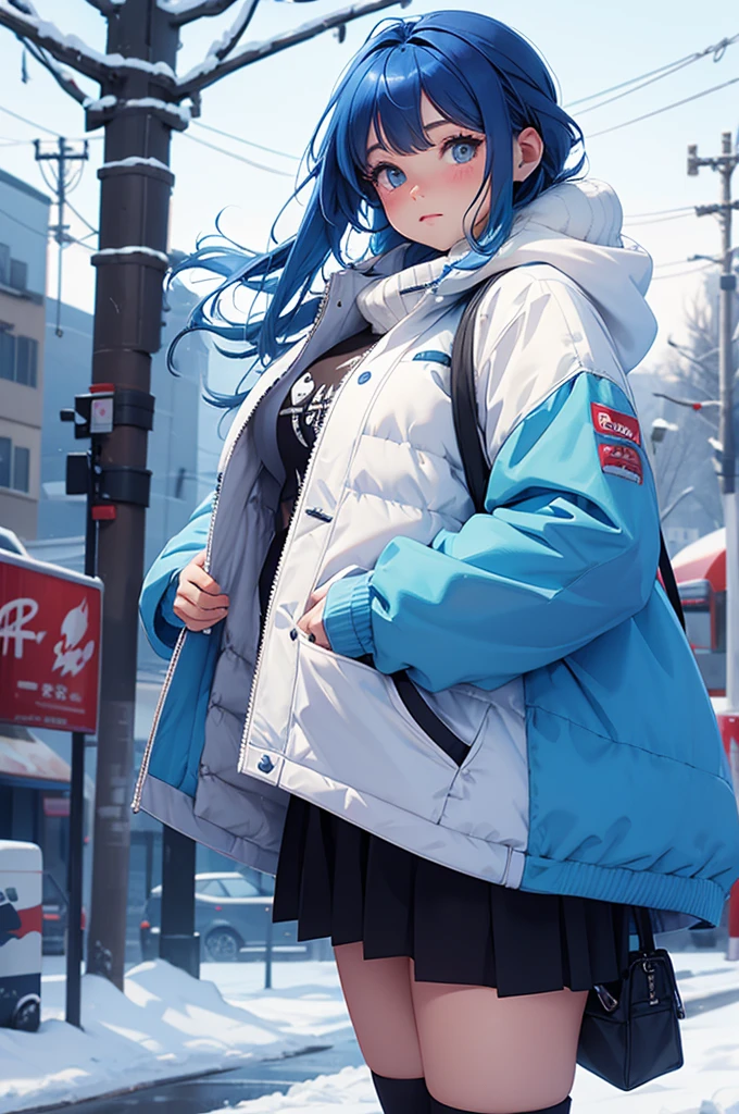 fat, blue haired, cat girl, older, winter back ground, chubby
