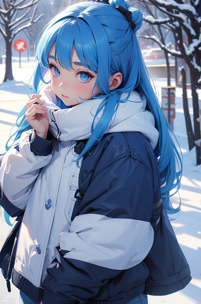 fat, blue haired, cat girl, older, winter back ground, chubby