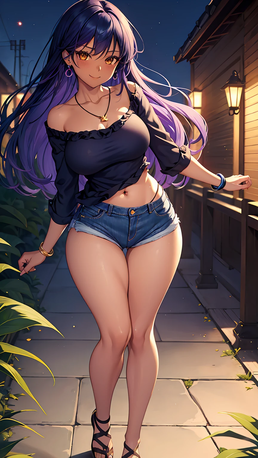 1girl, anime girl, anime, (dark skin), stylish girl, bracelet, necklace, earrings, 2d girl, 18y, (fullbody), standing, anime girl, seductive smile, (purple hair), flowing hair, hair flowing in the wind, ((darkblue blouse)), Solo, Slim, Big Breasts, Tight Shorts, low waist shorts, upshorts, outdoors, night background, flowers, looking at viewer, darker shadows, (((Wedgie))), (((explicit))), (((explicit))), (((shorts))), (((absurdres))), (((thigh gap))), (((cameltoe))), (((cleft of venus))), (((lowleg shorts))), (((innie pussy))), (((inniepussy))), (((innie_pussy)))