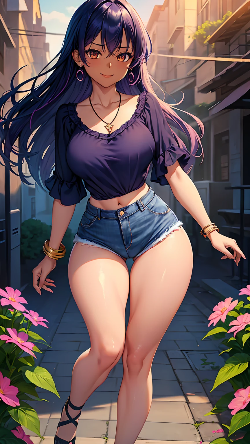 1girl, anime girl, anime, (dark skin), stylish girl, bracelet, necklace, earrings, 2d girl, 18y, (fullbody), standing, anime girl, seductive smile, (purple hair), flowing hair, hair flowing in the wind, ((darkblue blouse)), Solo, Slim, Big Breasts, Tight Shorts, low waist shorts, upshorts, outdoors, night background, flowers, looking at viewer, darker shadows, (((Wedgie))), (((explicit))), (((denim shorts))), (((absurdres))), (((thigh gap))), (((cameltoe))), (((cleft of venus))), (((lowleg shorts))),