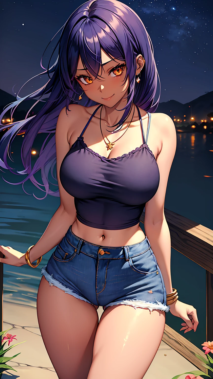 1girl, anime girl, anime, (dark skin), stylish girl, bracelet, necklace, earrings, 2d girl, 18y, (fullbody), standing, anime girl, seductive smile, (purple hair), flowing hair, hair flowing in the wind, ((darkblue blouse)), Solo, Slim, Big Breasts, Tight Shorts, low waist shorts, upshorts, outdoors, night background, flowers, looking at viewer, darker shadows, (((Wedgie))), (((explicit))), (((denim shorts))), (((absurdres))), (((thigh gap))), (((cameltoe))), (((cleft of venus))), (((lowleg shorts))),