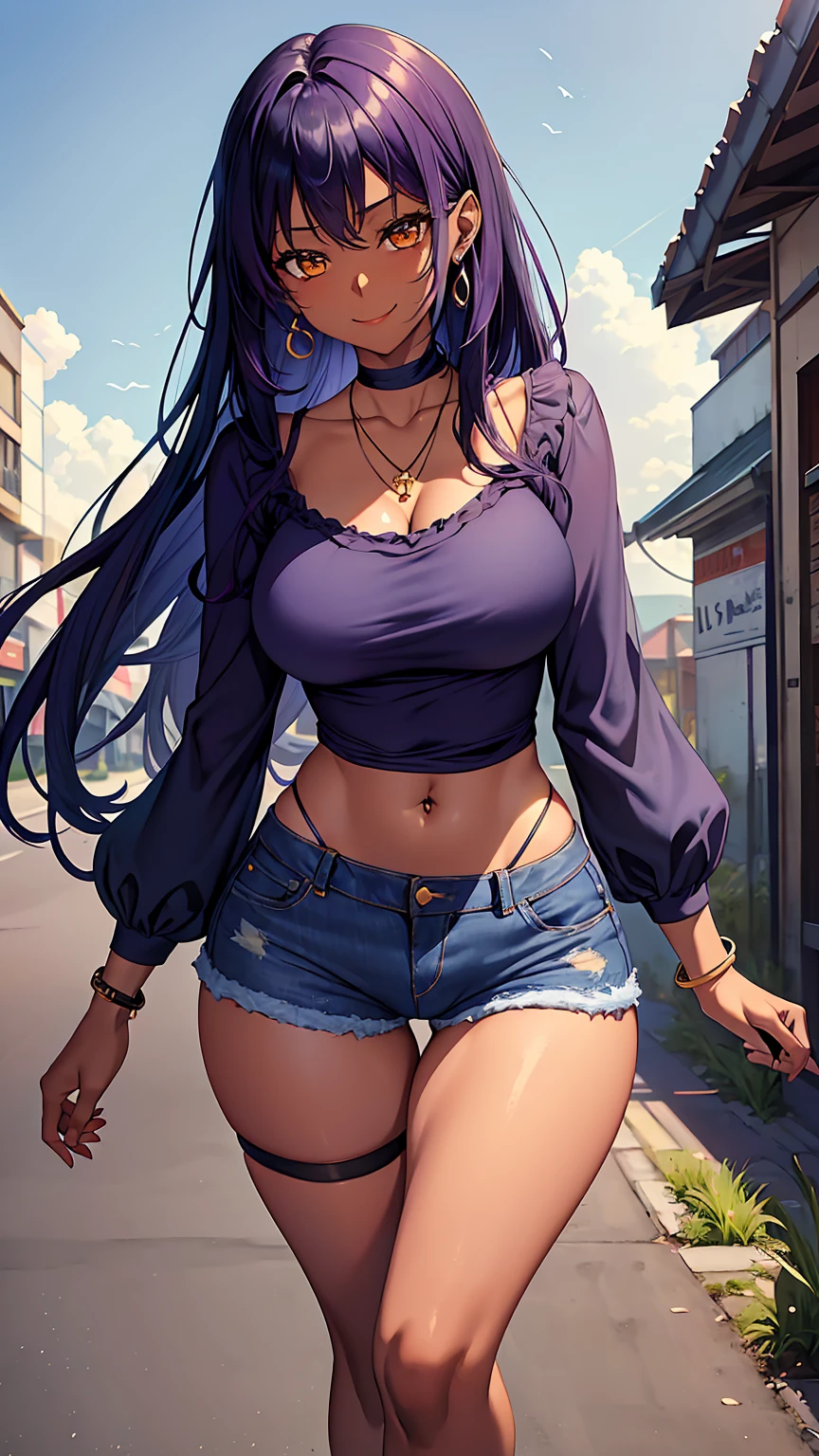 1girl, anime girl, anime, (dark skin), stylish girl, bracelet, necklace, earrings, 2d girl, 18y, (fullbody), standing, anime girl, seductive smile, (purple hair), flowing hair, hair flowing in the wind, ((darkblue blouse)), Solo, Slim, Big Breasts, Tight Shorts, low waist shorts, upshorts, outdoors, night background, flowers, looking at viewer, darker shadows, (((Wedgie))), (((explicit))), (((denim shorts))), (((absurdres))), (((thigh gap))), (((cameltoe))), (((cleft of venus))), (((lowleg shorts))),