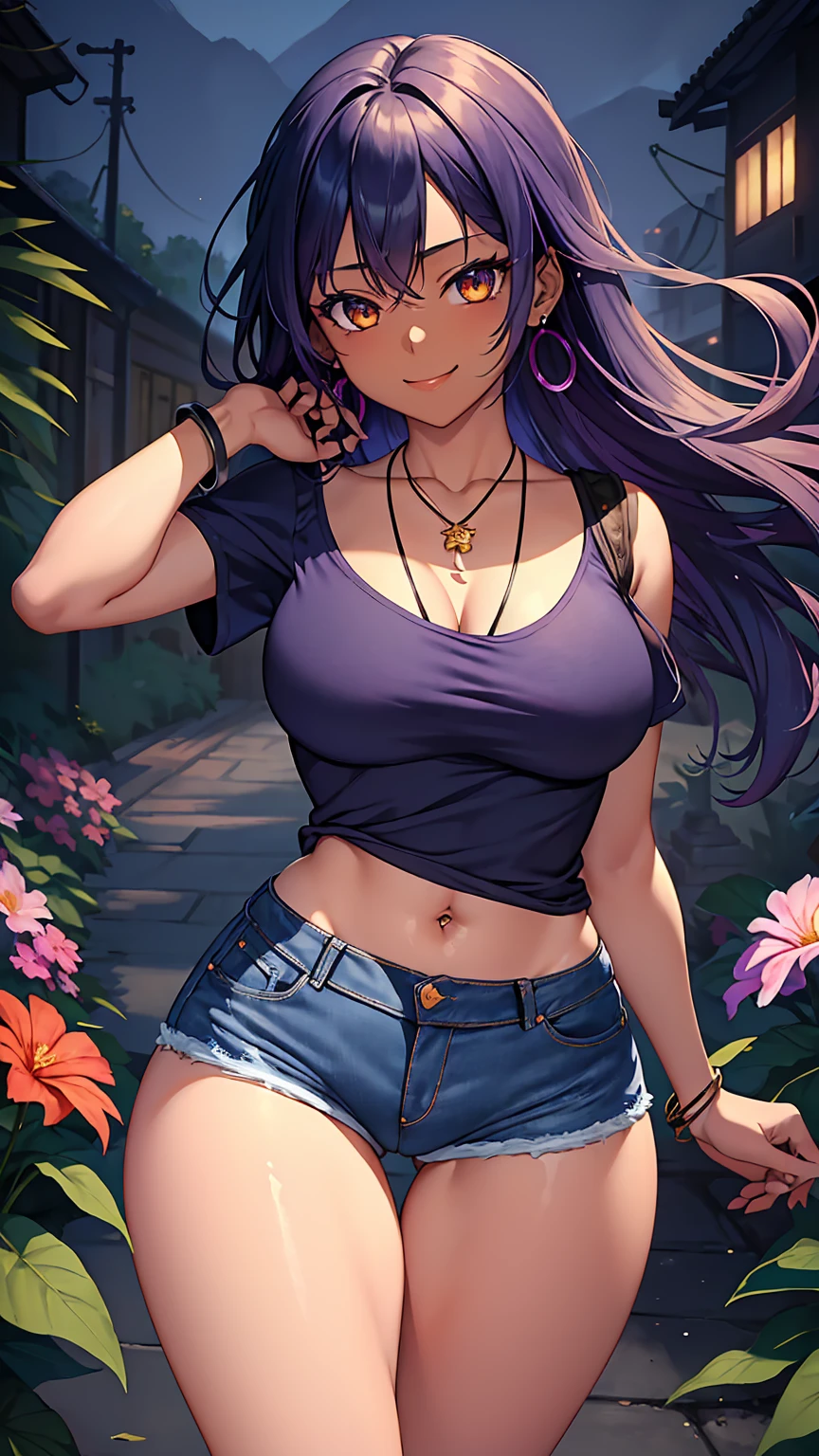 1girl, anime girl, anime, (dark skin), stylish girl, bracelet, necklace, earrings, 2d girl, 18y, (fullbody), standing, anime girl, seductive smile, (purple hair), flowing hair, hair flowing in the wind, ((darkblue blouse)), Solo, Slim, Big Breasts, Tight Shorts, low waist shorts, upshorts, outdoors, night background, flowers, looking at viewer, darker shadows, (((Wedgie))), (((explicit))), (((denim shorts))), (((absurdres))), (((thigh gap))), (((cameltoe))), (((cleft of venus))), (((lowleg shorts))),