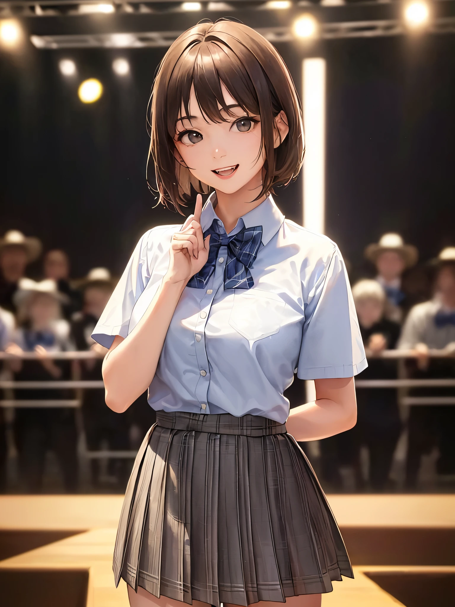 (Highest quality、8k、32K、masterpiece)、(Realistic)、(Realistic:1.2)、(High resolution)、Very detailed、Very beautiful face and eyes、(((Women's Solo Shot)))、Tight waist、(Highest quality、Attention to detail、Rich skin detail)、(Highest quality、8k、Oil paints:1.2)、(Realistic、Realistic:1.37)、Bright colors、(((Cowboy Shot)))、(((Bob Hair)))、(((Medium Hair)))、(((He has a happy face.)))、((smile))、(((Brown Hair)))、((Collared short-sleeved shirt, White shirt, , Grey plaid pleated skirt, Blue checked bow tie), )、(((Large crowd)))、(((Band performance)))、(((Inside the live house)))、(((Teeth are visible)))、(((I'm a guitarist.)))、((Waiting for the guitar))、(((Giving thumbs up)))
