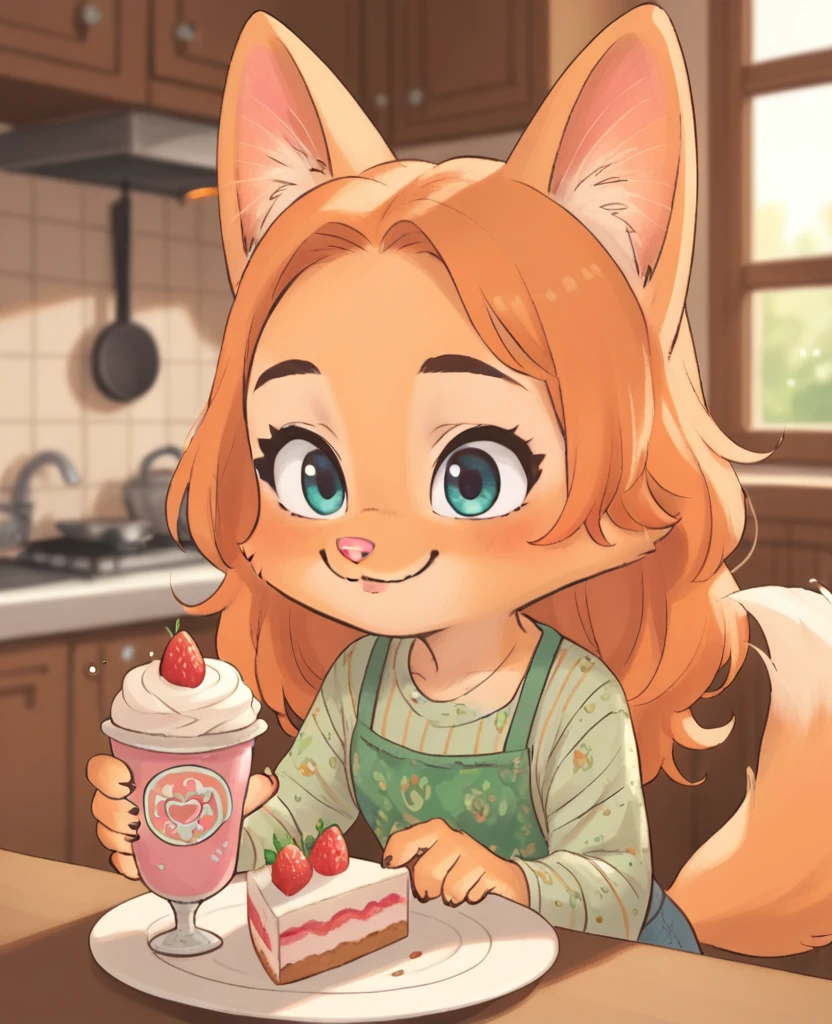 little fox, kid girl fox, little kid, ginger fur, long hair, ginger hair, blue eyes, dusty-pink nose, fox tail, fox ears, face similar of Diane Foxington, kid, cute, wearing a pink pijama, cute pijama, on the kitchen, siting on chair in front of a table, a plate with strawberry cake, a cup with hot chocolat on the table, chibi, alone, ginger hair, tied hair, smile, sleepy, cartoon, toon, chibi, cute girl, alone