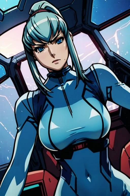 narrow waist, looking at viewer, seductive posture, sexy pose, alluring, clean, beautiful face, pure face, pale skin, samus, mole, (((portrait))), (((zero suit))), ponytail, (blue eyes), spaceship, huge breasts,