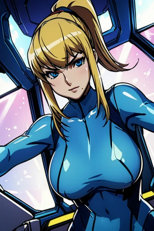 narrow waist, looking at viewer, seductive posture, sexy pose, alluring, clean, beautiful face, pure face, pale skin, samus, mole, (((portrait))), (((zero suit))), ponytail, (blue eyes), spaceship, huge breasts,