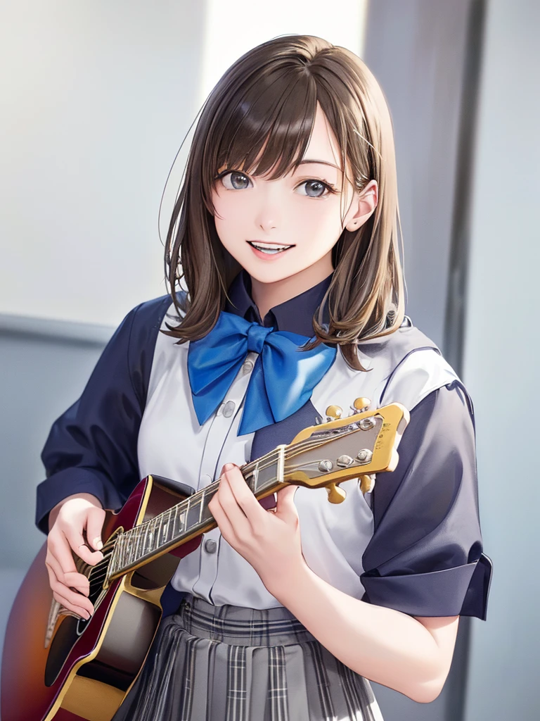 (Highest quality、8k、32K、masterpiece)、(Realistic)、(Realistic:1.2)、(High resolution)、Very detailed、Very beautiful face and eyes、(((Women's Solo Shot)))、Tight waist、(Highest quality、Attention to detail、Rich skin detail)、(Highest quality、8k、Oil paints:1.2)、(Realistic、Realistic:1.37)、Bright colors、(((Cowboy Shot)))、(((Bob Hair)))、(((Medium Hair)))、(((He has a happy face.)))、((smile))、(((Brown Hair)))、((Collared short-sleeved shirt, White shirt, , Grey plaid pleated skirt, Blue checked bow tie), )、(((Large crowd)))、(((Band performance)))、(((Inside the live house)))、(((Teeth are visible)))、(((She is a guitarist)))、((Waiting for the guitar))、(((Playing guitar)))
