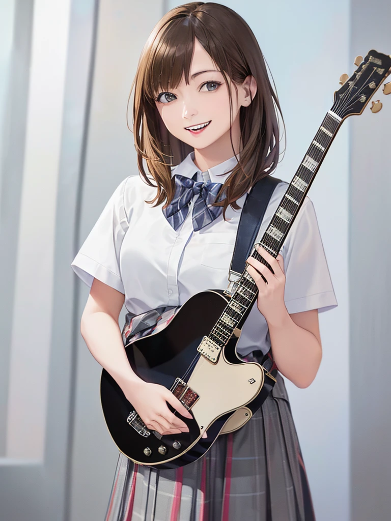 (Highest quality、8k、32K、masterpiece)、(Realistic)、(Realistic:1.2)、(High resolution)、Very detailed、Very beautiful face and eyes、(((Women's Solo Shot)))、Tight waist、(Highest quality、Attention to detail、Rich skin detail)、(Highest quality、8k、Oil paints:1.2)、(Realistic、Realistic:1.37)、Bright colors、(((Cowboy Shot)))、(((Bob Hair)))、(((Medium Hair)))、(((He has a happy face.)))、((smile))、(((Brown Hair)))、((Collared short-sleeved shirt, White shirt, , Grey plaid pleated skirt, Blue checked bow tie), )、(((Large crowd)))、(((Band performance)))、(((Inside the live house)))、(((Teeth are visible)))、(((She is a guitarist)))、((Waiting for the guitar))、(((Playing guitar)))