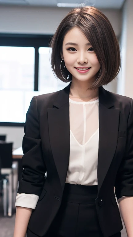Beautiful Girl, (Pleated Skirt Lifting), ((Show panties)), looking in camera, Angle from below, Shy smile, a blond, ((of the highest quality, 16 K, masutepiece: 1.3)), Light on Face, hyperdetailed face, very detailed lips, Detailed eyes、Colossal tits、爆乳、Wearing a suit、Formalco Steume、At work、s Office、working in an office、A dark-haired、short-hair、Short black hair