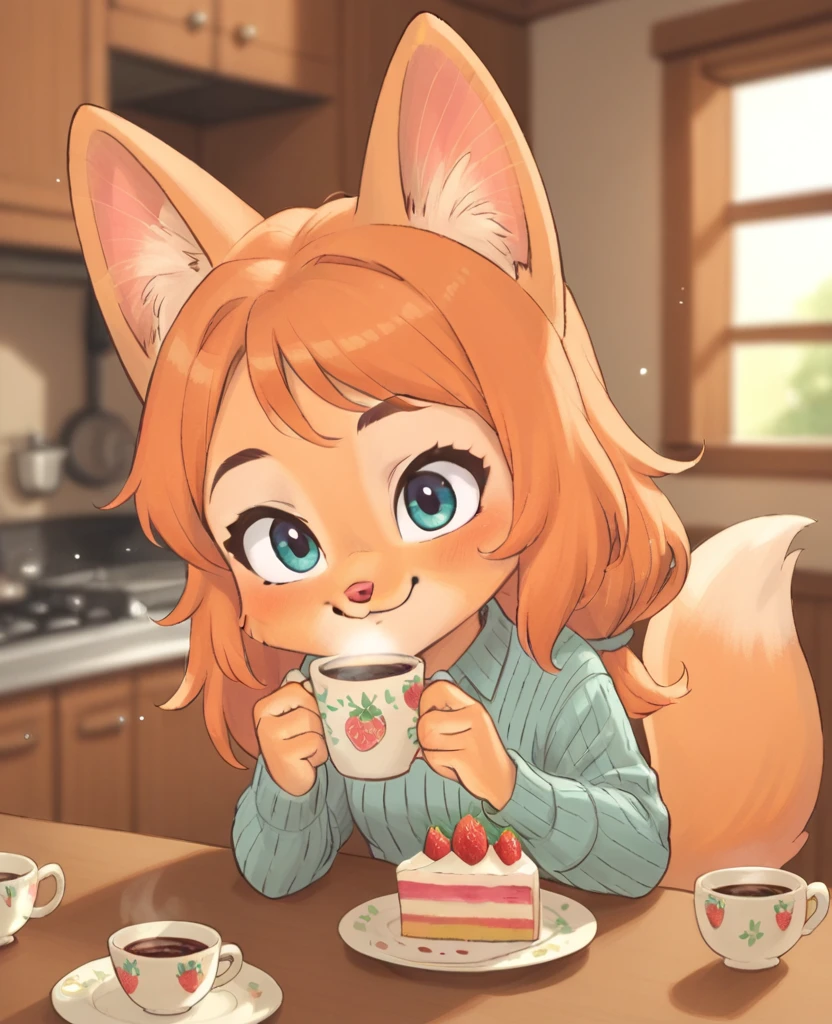 little fox, kid girl fox, little kid, ginger fur, long hair, ginger hair, blue eyes, dusty-pink nose, fox tail, fox ears, face similar of Diane Foxington, kid, cute, wearing a pink pijama, cute pijama, on the kitchen, siting on chair in front of a table, a plate with strawberry cake, holding a cup with coffee, chibi, alone, ginger hair, tied hair, smile, sleepy, cartoon, toon, chibi, cute girl, alone