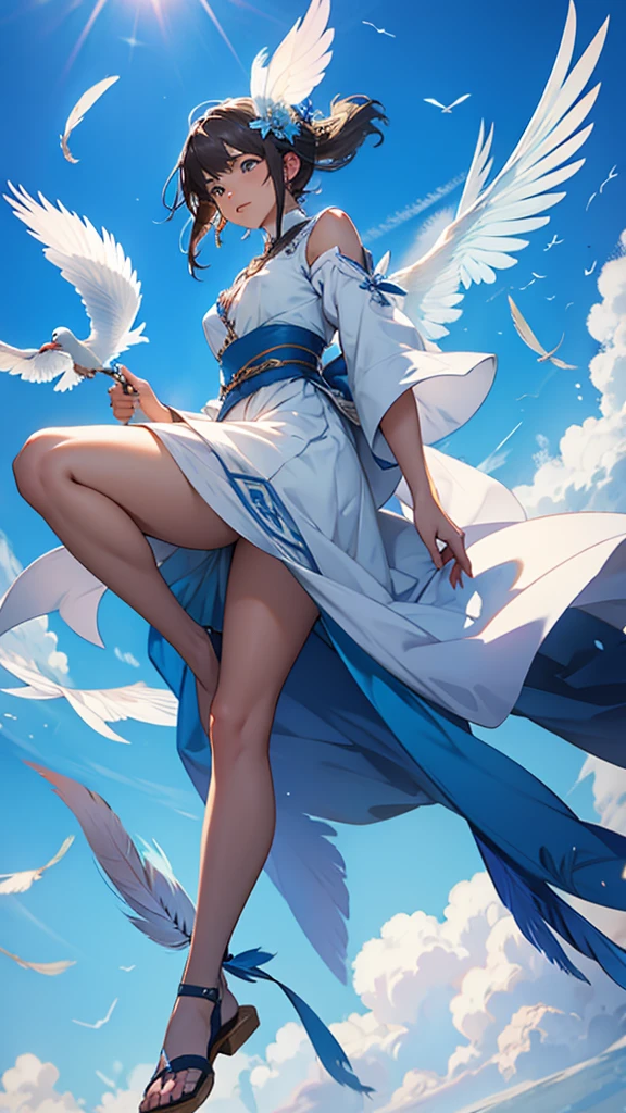 feathers floating in a blue sky