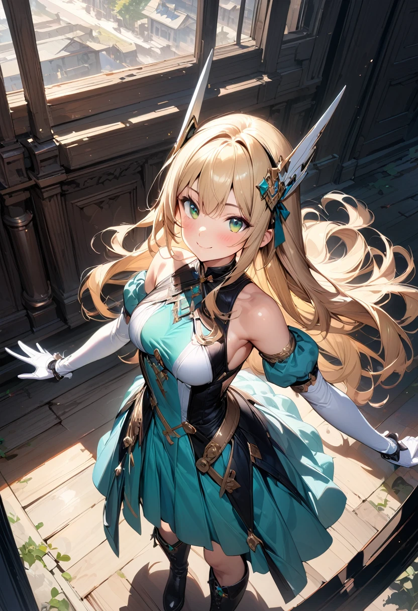 (masterpiece),(best quality),(ultra-detailed),(best illustration),(best shadow),(absurdres),(detailed background),(very aesthetic), 1girl, green-eyes, solo, gloves, blonde-hair, ((long-hair)), white-gloves, looking-at-viewer, full-body, simple-background, boots, dress, breasts, smile, standing, hair-ornament, closed-mouth, bangs, outstretched-arms, knee-boots, medium-breasts, bare-shoulders, detached-sleeves, ribbon, headgear, blush, sleeveless, elbow-gloves, skirt