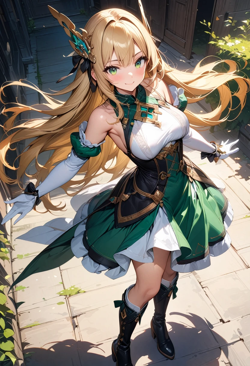 (masterpiece),(best quality),(ultra-detailed),(best illustration),(best shadow),(absurdres),(detailed background),(very aesthetic), 1girl, green-eyes, solo, gloves, blonde-hair, ((long-hair)), white-gloves, looking-at-viewer, full-body, simple-background, boots, dress, breasts, smile, standing, hair-ornament, closed-mouth, bangs, outstretched-arms, knee-boots, medium-breasts, bare-shoulders, detached-sleeves, ribbon, headgear, blush, sleeveless, elbow-gloves, skirt