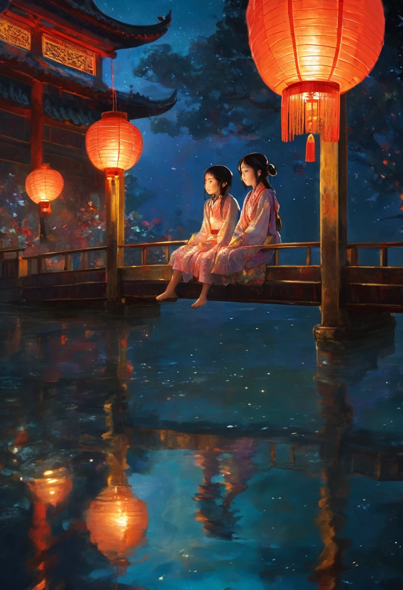 As the stars twinkle above, a young girl sits on a low bridge, her legs dangling over the edge and her eyes transfixed on a glowing Chinese lantern floating under the water. The lantern's reflection dances on the surface, creating a mesmerizing scene.