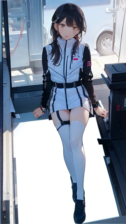 (Highest quality), (masterpiece), 1080P, High resolution, 4K, 8k, Thigh straps, Shooting from directly below, The woman on top of me, Nipples, 白いSweat, Covered , Sweat, Woman looking down, Micro Bikini, Skirt swimsuit, Thigh-high socks, To achieve this, , Small breasts, whole body, Black leather shoes, Braided hair, Inner Color, Embarrassed face, Short black hair, bracelet, Bedroom,celestial body_Vest