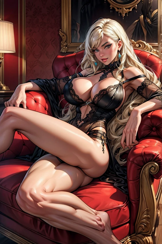 In an opulent lounge with plush velvet furniture and dim lighting, two women are entangled on a chaise longue. The rich colors and textures of the room contrast with the intensity of their actions, as they passionately explore each other. The scene is filled with an air of forbidden desire and indulgence. As the two women lay on the couch, Isabel's face was aglow with joy and pleasure as her body writhed with each orgasm she had when she came. She squirted as it dripped down her legs. exposed breasts, massive breasts: 1.6, colossal cleavage: 1.4, protruding nipples, curvaceous, thick thighs, open legs, wet, exposed vagina, ahegao, overhead view, dimly light