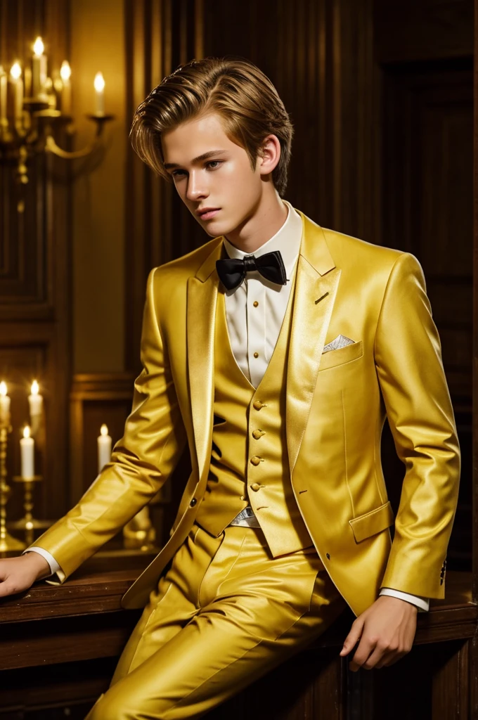 Handsome boy, longer face, brown eyes and messy dirty-blonde hair, pale skin, dressed in golden yellow suit and coattails, black tie, formal, inspired by A Midsummer Nights Dream
