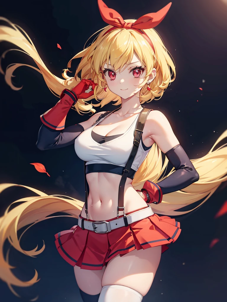 (RED Ribbon on HAIRband:1.2),a young anime character sitting and pointing her finger down towards the camera, 1girl, solo, long hair, Small breasts, cosplay, skirt, tifa lockhart, thighhighs, jewelry, armpits, navel, arms up, crop top, blonde hair, looking at viewer, black skirt, earrings, gloves, smile, underwear, panties, squatting, red eyes, fingerless gloves, midriff