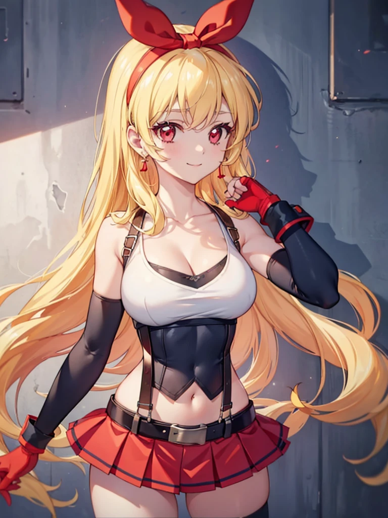 a sexy women with short white hair posing for a painting with fists up,1girl,gloves,long hair,skirt,jewelry,_breasts,solo,crop top,earrings,navel,fingerless gloves,suspenders,smile,tifa lockhart,looking at viewer,midriff,collarbone,thighhighs,(_large_breasts),simple background,bare shoulders,white background,cleavage,stomach,black hot Pants,low-tied long hair,taut clothes,suspender skirt,red gloves,closed mouth,blonde hair,belt,hot Pants,armpits,zettai ryouiki,bangs,(red ribbon on hairband:1.2),Ichigo Hoshimiya (Aikatsu!),tifa ff7