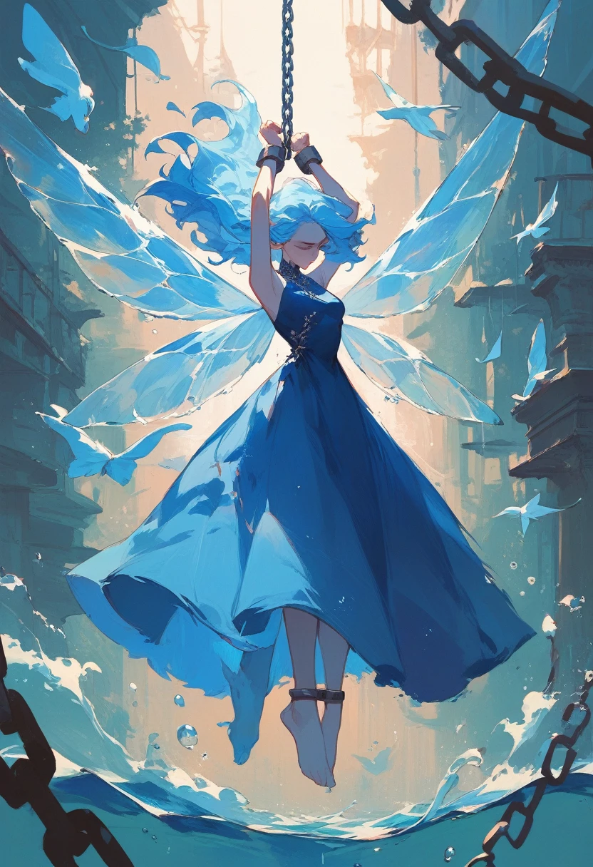 Woman painted dark blue, and light blue hair, mourning ,floating, water chain links bind your wrists, blue fur, water wings on the shore. blue dress. Hands chained