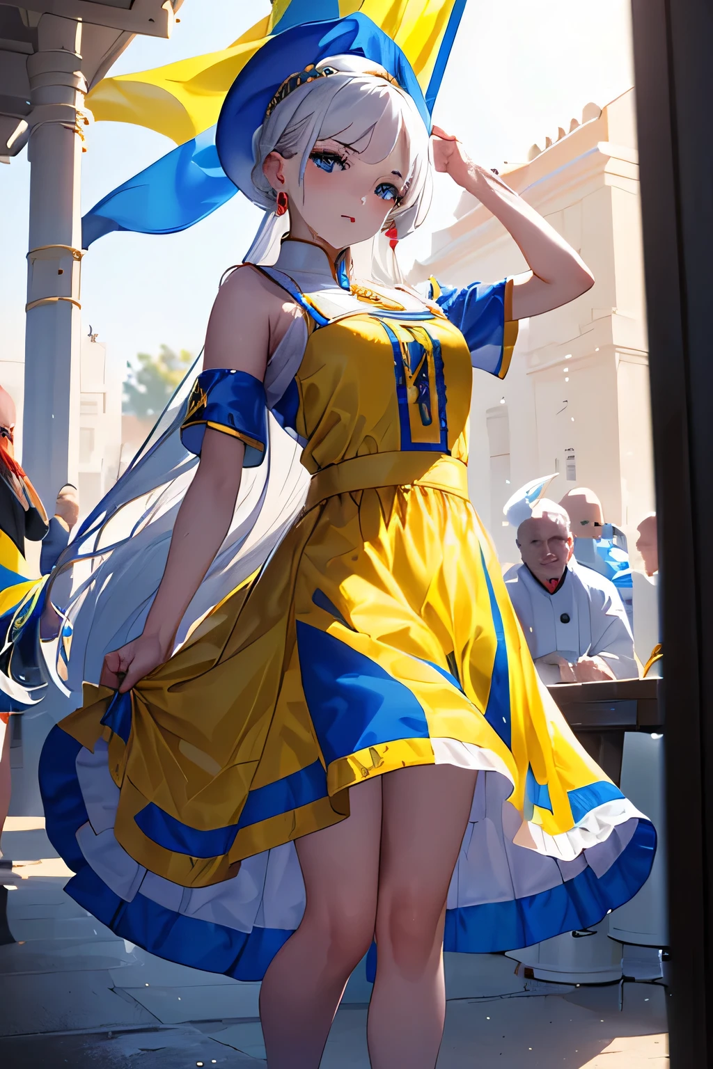 (((Costumes inspired by the Ukrainian flag:1.3))),(((Woman in men's clothing:1.3))),(masterpiece,Highest quality,Ultra-high resolution output images,Write boundary depth,Intricate details,Adding dimension to your subject with the contrast of light and shadow,Anatomically correct facial structure),(Picture Mode Ultra HD,)