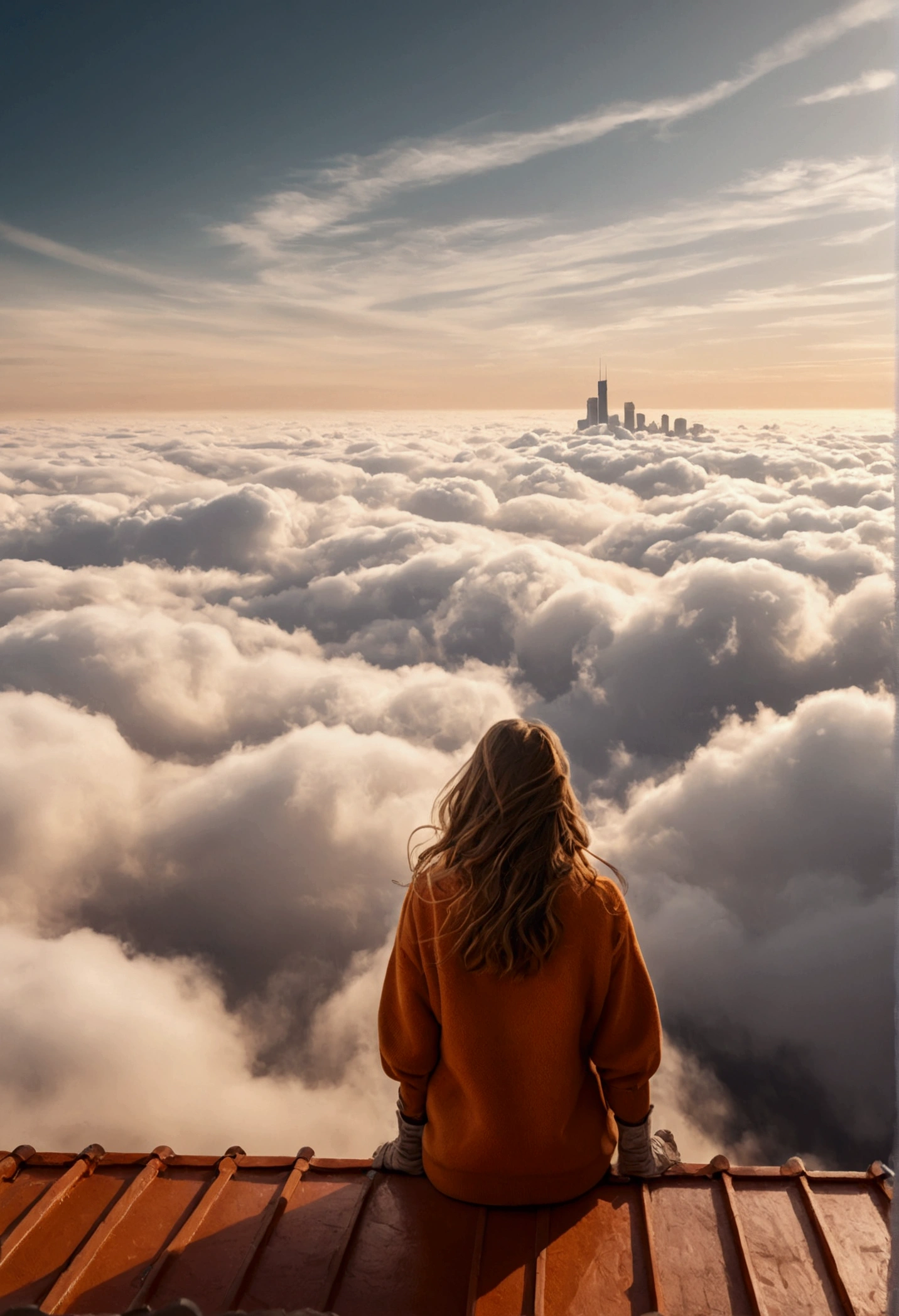 Girl on the roof of a skyscraper, Looking out over the clouds moving in the distance