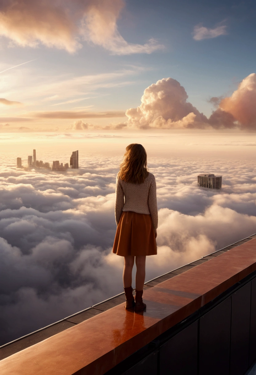 Girl on the roof of a skyscraper, Looking out over the clouds moving in the distance