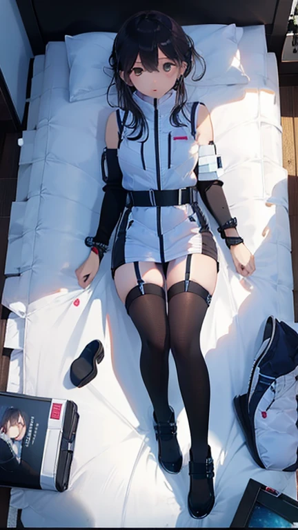 (Highest quality), (masterpiece), 1080P, High resolution, 4K, 8k, Thigh straps, Shooting from directly below, The woman on top of me, Nipples, 白いSweat, Covered , Sweat, Woman looking down, Micro Bikini, Skirt swimsuit, Thigh-high socks, To achieve this, 16 years old, Small breasts, whole body, Black leather shoes, Braided hair, Inner Color, Embarrassed face, Short black hair, bracelet, Bedroom,celestial body_Vest
