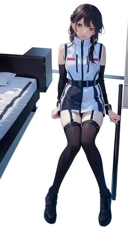 (Highest quality), (masterpiece), 1080P, High resolution, 4K, 8k, Thigh straps, Shooting from directly below, The woman on top of me, , 白いSweat, Covered , Sweat, Woman looking down, Micro Bikini, Skirt swimsuit, Thigh-high socks, To achieve this, 16 year breasts, whole body leather shoes, Braided hair, Inner Color, Embarrassed face, Short black hair, bracelet, Bedroom,celestial body_Vest