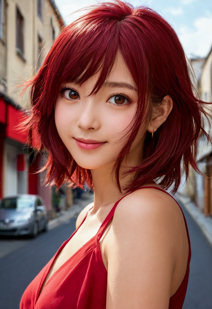 Fille anime, style, œil magnifique, Cheveux courts, Sexy, vêtements de style été, lèvres rouge naturel, mignonne, rue, regard séduisant, souriante 