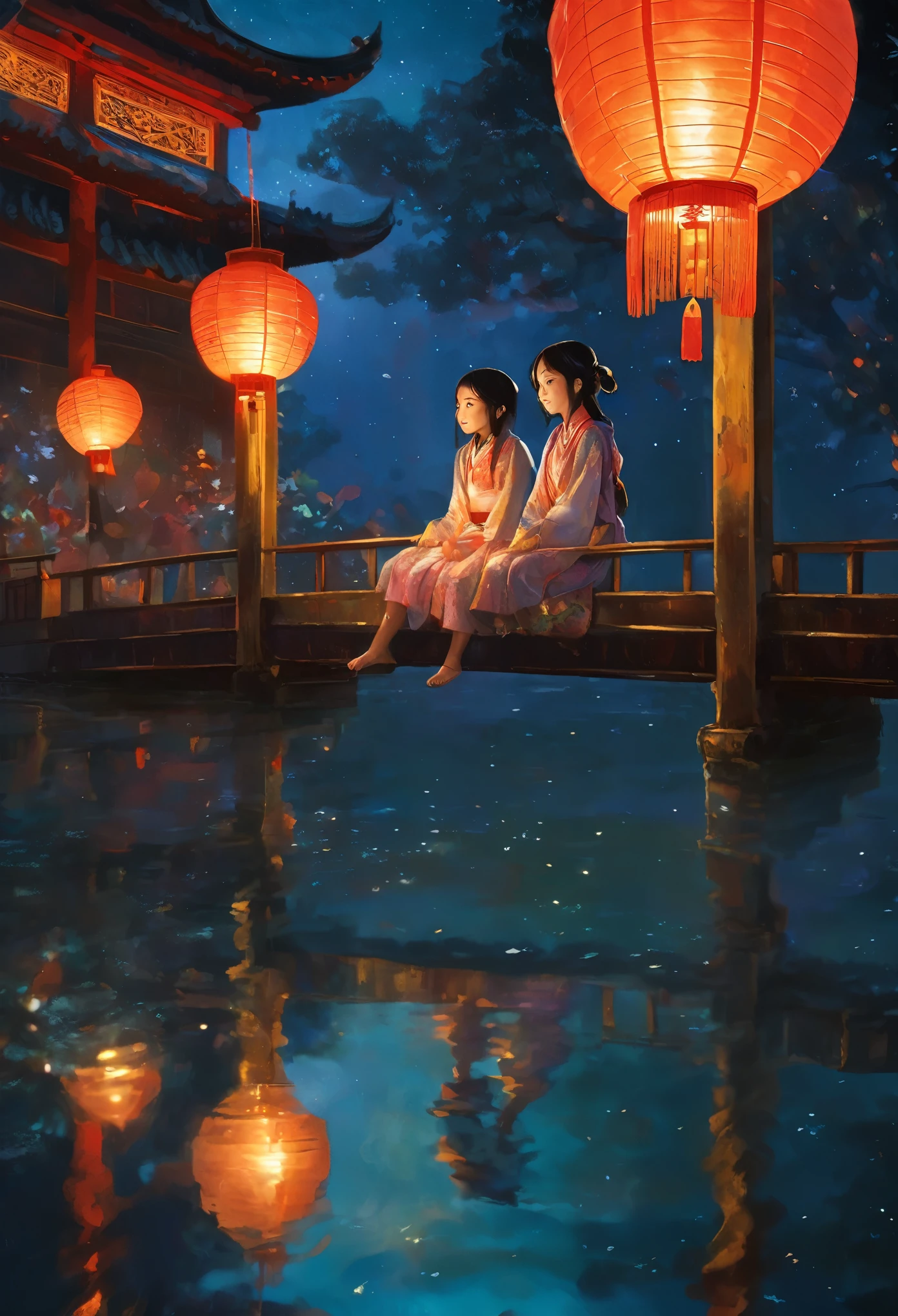 As the stars twinkle above, a young girl sits on a low bridge, her legs dangling over the edge and her eyes transfixed on a glowing Chinese lantern floating under the water. The lantern's reflection dances on the surface, creating a mesmerizing scene.