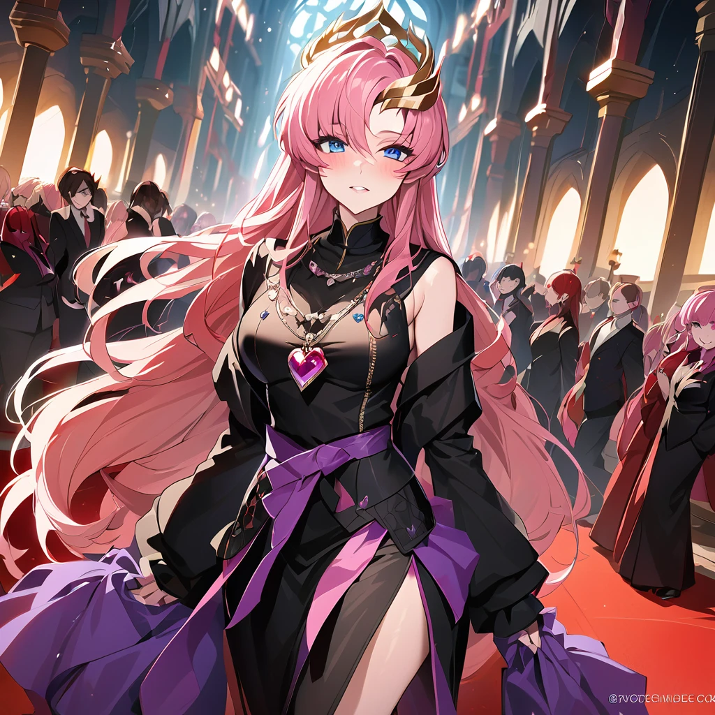 ((Highest quality)), ((masterpiece)), (detailed), (Perfect Face)、The beautiful and seductive woman is Lacus Clyne, the wife of the leader of the evil god cult, the saint of darkness, and has blue eyes, pink hair, medium-long hair, and a gorgeous and delicately detailed masochism.々She is wearing a beautiful black evil god shrine maiden outfit, an evil god necklace and other evil accessories, a gorgeous evil god head chain tiara, and an engagement ring.、The woman is the wife of a middle-aged, bearded cult leader who is revered by a mysterious cult of evil gods.、A mysterious cult leader dressed in luxurious clothes is standing at the altar of the cult, being loved by the cult leader and caressing her whole body.