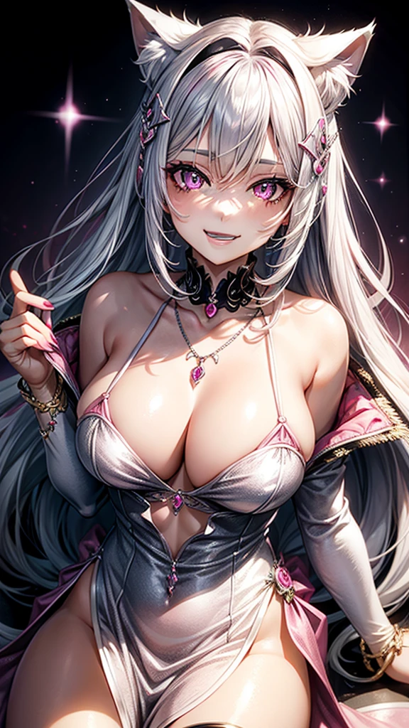 Silver hair, pink eyes, older woman, sexy clothes, hair jewel ornament, cat ears, necklace, long hair, smiling face,pink