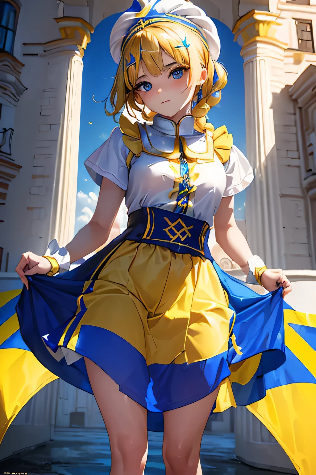 (((Costumes inspired by the Ukrainian flag:1.3))),(((Woman in men's clothing:1.3))),(masterpiece,Highest quality,Ultra-high resolution output images,Write boundary depth,Intricate details,Adding dimension to your subject with the contrast of light and shadow,Anatomically correct facial structure),(Picture Mode Ultra HD,)