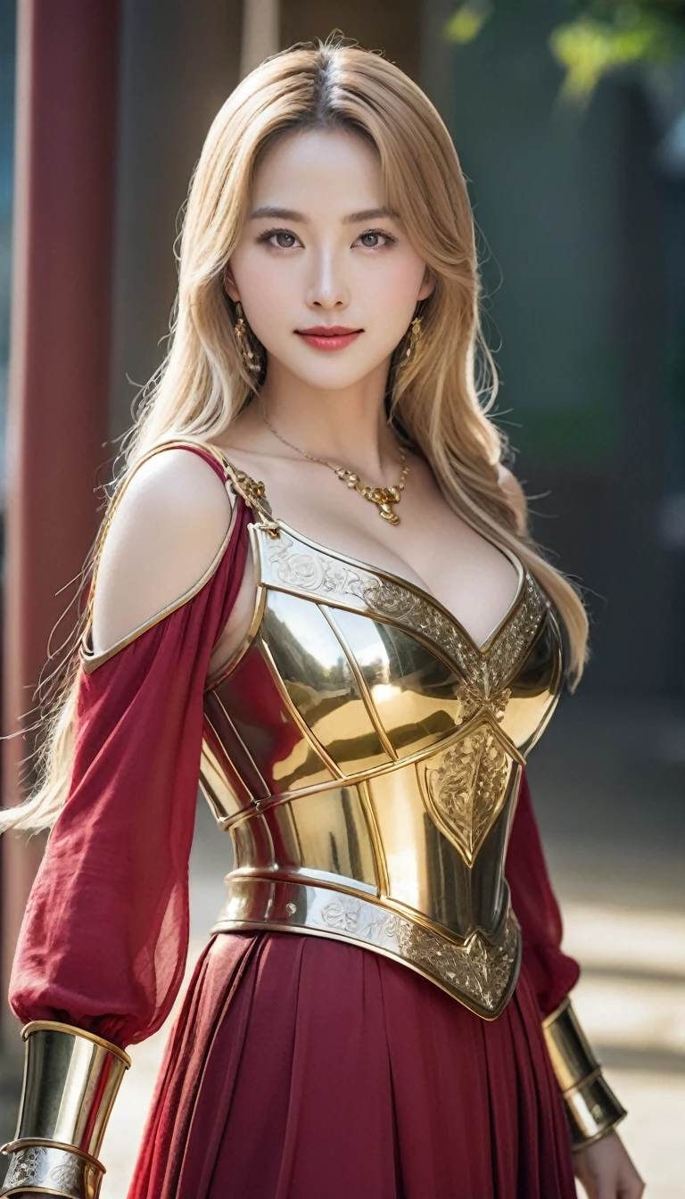 masterpiece,Highest quality,上位のknight,(女性knight_knight:1),(Gold Armor:1.3), (35歳の女性knight:1.3),、Big and ample breasts Big big cleavage ,Hyper Real,中世ヨーロッパのbattlefieldにいる,Beautiful smile、British women、Delicate skin texture to the smallest detail、Detailed blue eyes (Very large)、(Beautiful middle-aged woman)、(Fluffy long blonde hair)、Dense and dense skin texture、(((Very large)))、女性knight、(((Big big cleavage)))、豪華に装飾されたGold Armor、Golden long boots with flashy decorations、Pure gold and jewellery necklaces and collars、Big gold earrings、Red lips、(((Dressed in gorgeous golden armor)))、Golden Long Globe、((She has a fancy long sword))、The sword is ornately decorated..........................、((The blade is crimson))、(女性knight)、(battlefield)、