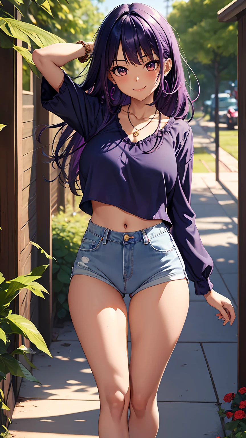 1girl, anime girl, anime, (dark skin), stylish girl, bracelet, necklace, earrings, 2d girl, 18y, (fullbody), standing, anime girl, seductive smile, (purple hair), flowing hair, hair flowing in the wind, ((darkblue blouse)), Solo, Slim, Big Breasts, Tight Shorts, low waist shorts, upshorts, outdoors, night background, flowers, looking at viewer, darker shadows, (((Wedgie))), (((explicit))), (((explicit))), (((shorts))), (((absurdres))), (((thigh gap))), (((cameltoe))), (((cleft of venus))), (((lowleg shorts))), (((innie pussy))), (((inniepussy))), (((innie_pussy)))