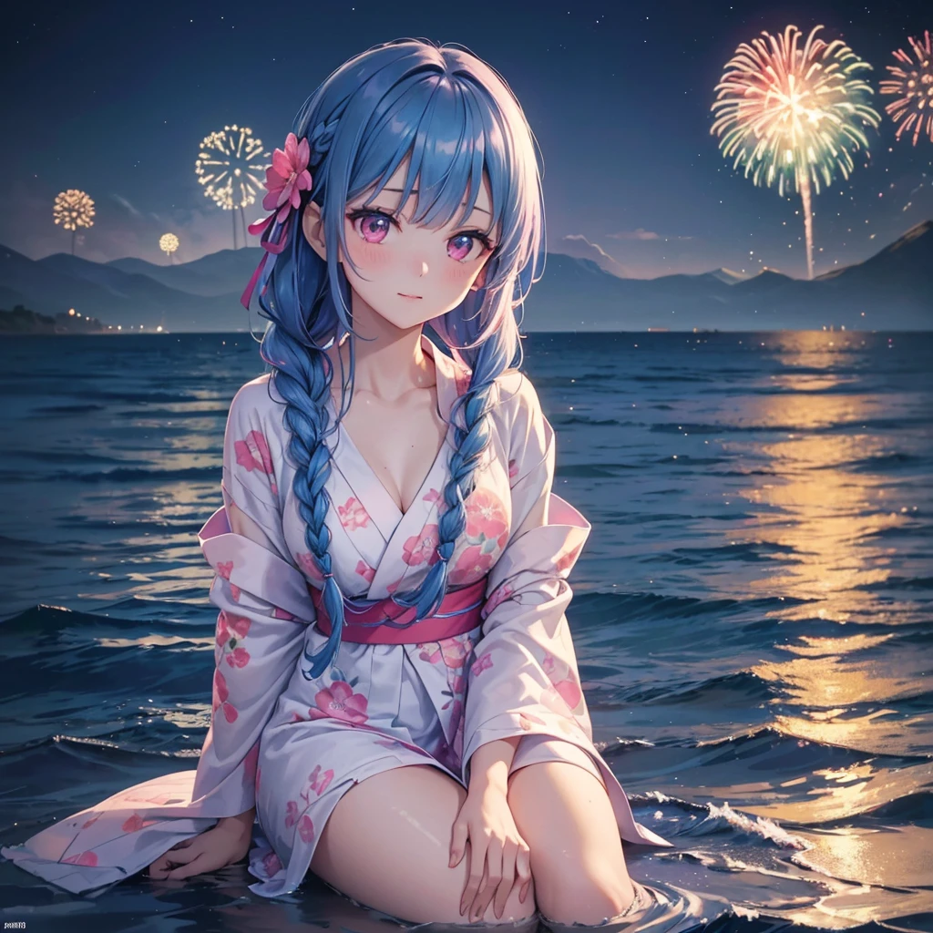 (Sky Blue Medium Hair:1.2), (Braided Hair),(Pink Eyes),Fair skin ,(whole body),(1 girl)、Floral Yukata、summer night、Extra-large fireworks filling the night sky、Huge fireworks launched from the sea、Watching the fireworks while sitting next to each other、Straight bangs,(masterpiece, Highest quality, Very detailed, Best Shadow), (Detailed Background), (Beautifully detailed face), High Contrast, (Best lighting, Very delicate and beautiful), ((Cinematic Light)), colorful, Hyper Detail 8k, Dramatic Light, Intricate details,Fireworks reflected on the water surface、