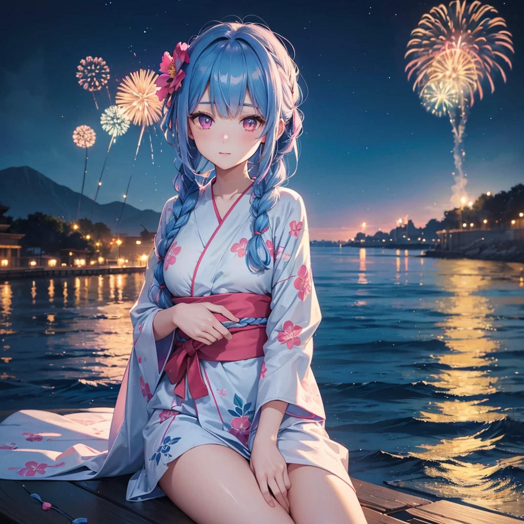 (Sky Blue Medium Hair:1.2), (Braided Hair),(Pink Eyes),Fair skin ,(whole body),(1 girl)、Floral Yukata、summer night、Extra-large fireworks filling the night sky、Huge fireworks launched from the sea、Watching the fireworks while sitting next to each other、Straight bangs,(masterpiece, Highest quality, Very detailed, Best Shadow), (Detailed Background), (Beautifully detailed face), High Contrast, (Best lighting, Very delicate and beautiful), ((Cinematic Light)), colorful, Hyper Detail 8k, Dramatic Light, Intricate details,Fireworks reflected on the water surface、