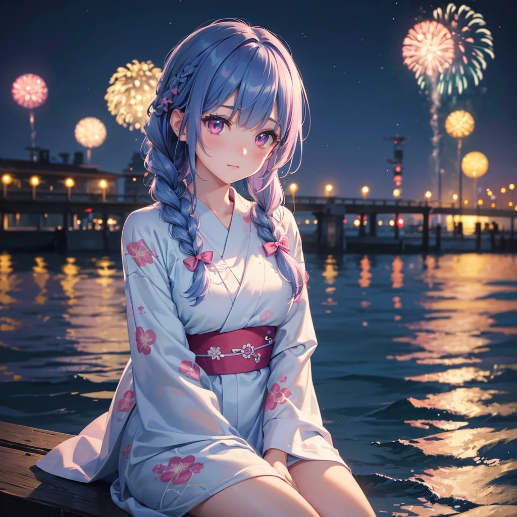 (Sky Blue Medium Hair:1.2), (Braided Hair),(Pink Eyes),Fair skin ,(whole body),(1 girl)、Floral Yukata、summer night、Extra-large fireworks filling the night sky、Huge fireworks launched from the sea、Watching the fireworks while sitting next to each other、Straight bangs,(masterpiece, Highest quality, Very detailed, Best Shadow), (Detailed Background), (Beautifully detailed face), High Contrast, (Best lighting, Very delicate and beautiful), ((Cinematic Light)), colorful, Hyper Detail 8k, Dramatic Light, Intricate details,Fireworks reflected on the water surface、