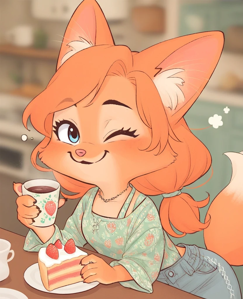 little fox, kid girl fox, little kid, ginger fur, long hair, ginger hair, blue eyes, dusty-pink nose, fox tail, fox ears, face similar of Diane Foxington, kid, cute, wearing a pink pijama, cute pijama, on the kitchen, siting on chair in front of a table, a plate with strawberry cake, holding a cup with coffee, chibi, alone, ginger hair, tied hair, smile, sleepy, cartoon, toon, chibi, cute girl, alone