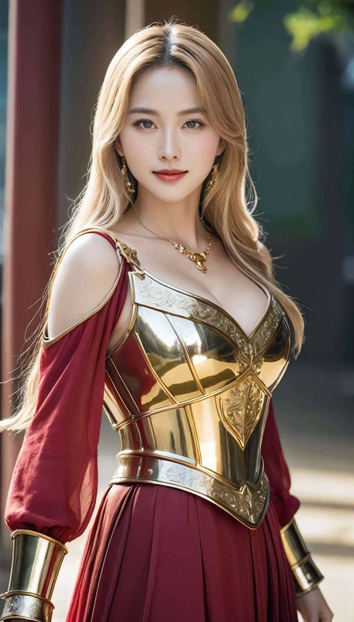 masterpiece,Highest quality,上位のknight,(女性knight_knight:1),(Gold Armor:1.3), (35歳の女性knight:1.3),、Big and ample breasts Big big cleavage ,Hyper Real,中世ヨーロッパのbattlefieldにいる,Beautiful smile、British women、Delicate skin texture to the smallest detail、Detailed blue eyes (Very large)、(Beautiful middle-aged woman)、(Fluffy long blonde hair)、Dense and dense skin texture、(((Very large)))、女性knight、(((Big big cleavage)))、豪華に装飾されたGold Armor、Golden long boots with flashy decorations、Pure gold and jewellery necklaces and collars、Big gold earrings、Red lips、(((Dressed in gorgeous golden armor)))、Golden Long Globe、((She has a fancy long sword))、The sword is ornately decorated..........................、((The blade is crimson))、(女性knight)、(battlefield)、