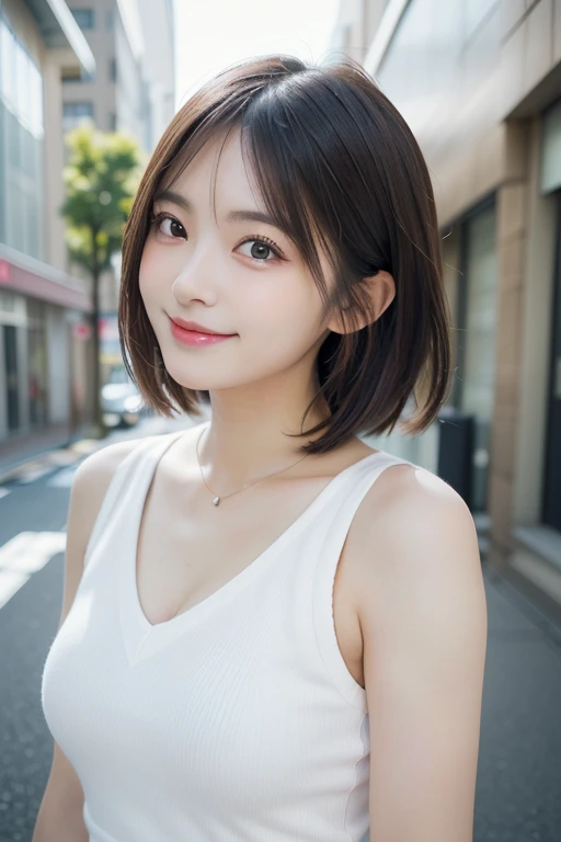 (masutepiece, Best Quality, Illustration, Ultra-detailed, finely detail, high resolution, 8K Wallpaper, Perfect dynamic composition, Beautiful detailed eyes, Women's Fashion,Very short hair,Small breasts, natural color lip, Bold sexy poses,Smile,Harajuku、20 years girl、Cute、Sexy shot looking at camera, dimples, SFW)